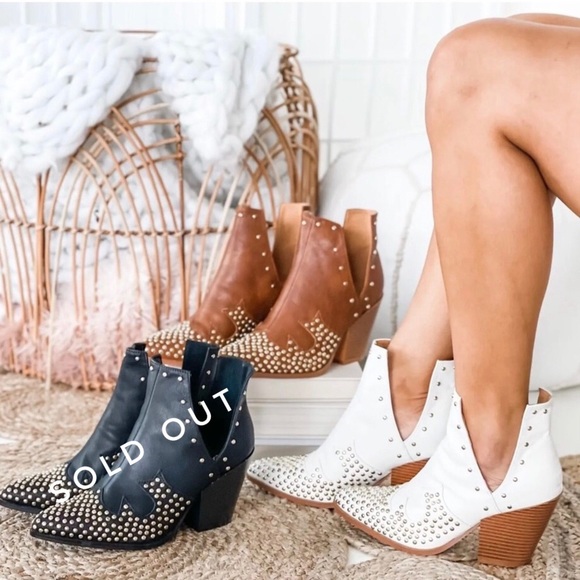 MATA Tan Western Gold Studded Ankle Boots Vegan Leather - Picture 12 of 13